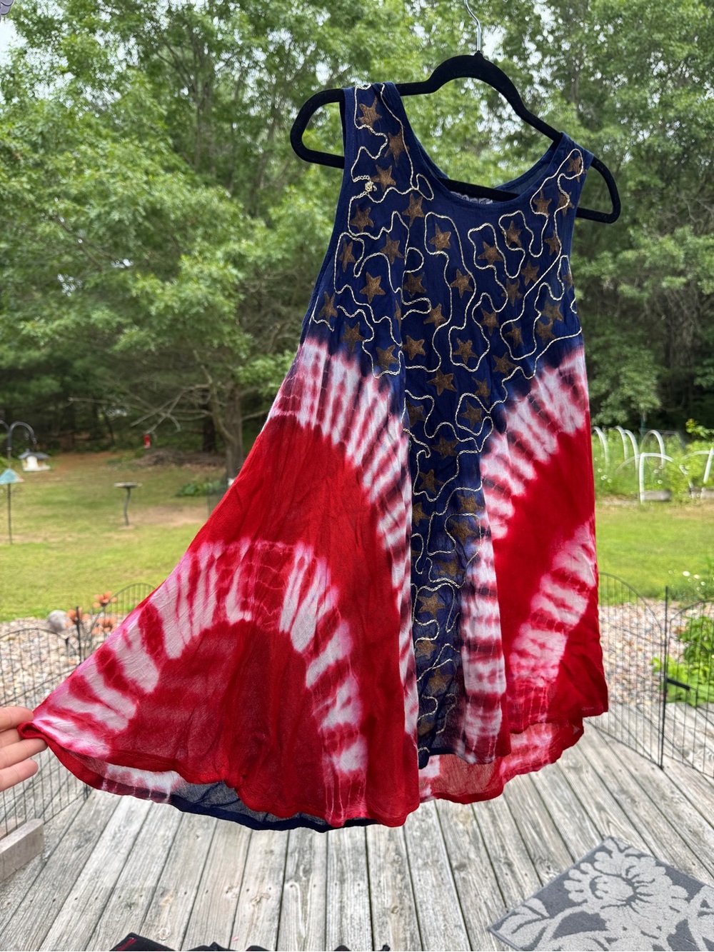 Sleeveless Tie-Dye Dress in Red, White & Navy with Gold Stars
